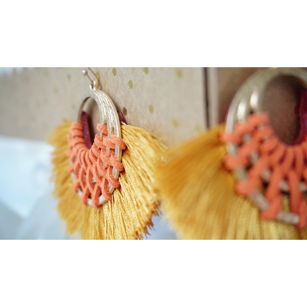 NEW! Mustard Tassel Triple Hoop Earrings - Picture 4 of 8